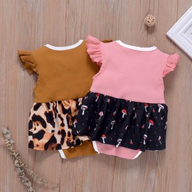 BULINGNA 0-18M Baby Girl Doll Collar Flutter Sleeve Knitted Romper Dress Leopard Skirted Bodysuit Summer Clothes (Khaki, 3-6 Months)