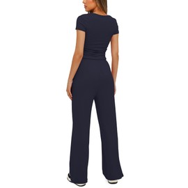 Darong Women's Two Piece Outfits Lounge Sets Ruched Short Sleeve Pullover Tops and High Waisted Pants Tracksuit Sets 9042B Dark Blue M