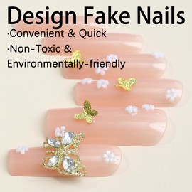 Butterfly Press on Nails Long Square Fake Nails with Butterfly Nail Charms Design Full Cover False Glossy Nude Glue on Artificial Stick on Nails Daily Wear Nails for Women and Girls 24Pcs
