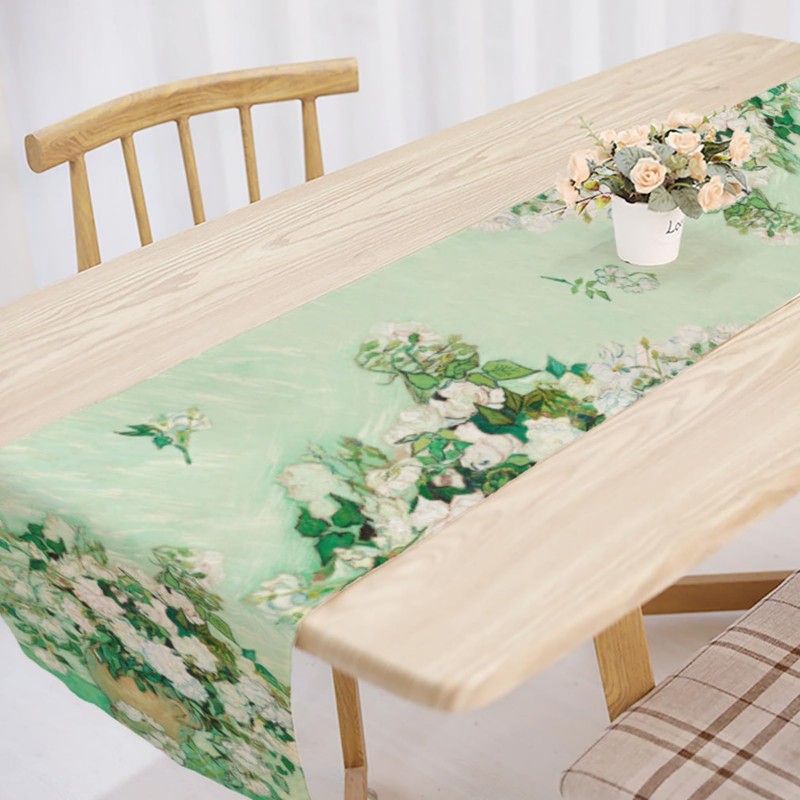 LOZULO Modern Spring Van Gogh Rose Table Runner, Summer Seasonal