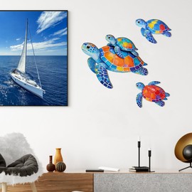 Goodangie00 Colorful Wooden Mother and Baby Sea Turtle Wall Decor, 3 Pack Mosaic Style Ocean Beach Theme Coastal Decorations for Kids Room Living Room Bedroom Pool Lake Home Decor