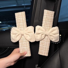 JINXU 2 Pack Cute Bow Car Seat Belt Cover Pads, Universal Seatbelt Protector with Cute Bow, Comfortable Cotton & Linen Seatbelt Shoulder for Car Truck SUV Carmera Backpack Straps, White