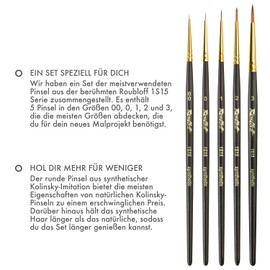 Roubloff Kolinsky Professional Imitation Brush Set | 5 Round Synthetic Brushes in Sizes 00 0 1 2 3 | For Acrylic, Watercolor, Gouache and Oil Paints