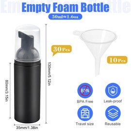 Worldity 30 Pack 1.6oz/ 50ml Empty Foam Pump Bottle, Refillable Lash Shampoo Bottle with Pump, Travel Pump Bottle, Pump Bottle for Hand Soap, Lash Cleanser, Shampoo to Travel
