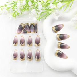 French Tip Press on Nails Medium Fake Nails Almond White Gradient Glue on Nails Gold Glitter Design Brown-Black False Nails Almond Medium Nails Press ons Glossy Acrylic Stick on Nails for Women 24Pcs