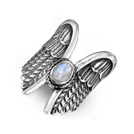Rainbow Moonstone Ring Solid 925 Sterling Silver Gemstone Jewelry Angel Wings Moonstone Ring Sterling Silver Teardrop Moonstone Ring Minimalist Statement Band Vintage Bohemian Ring Size 6-10 (7)