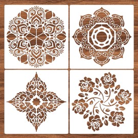 Reusable Mandala Floor Stencil Set of 4 (12 x 12 inch) Painting Stencil, Laser Cut Painting Template Floor Wall Tile Fabric Wood Stencils DIY Decor (FF)