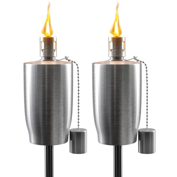 Matney Stainless Steel Outdoor Torches - Decorative Garden & Yard Lights - 5 ft Oil Lamp for Citronella - Fiberglass Wick & Snuffer Cap - Set of 2 (Cylinder)
