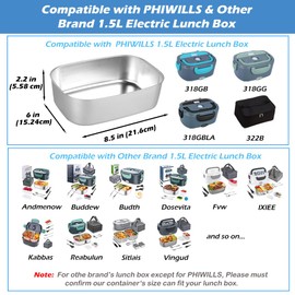 PHIWILLS 1.5L Electric Lunch Box Inner Container, 1.5 Liter Removable Food Container, Replacement 304 Stainless Steel Tray, Dishwasher Safe