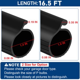 16.5FT Garage Door Bottom Seal Rubber 0.35'' Big P Bulb Bottom Garage Weather Stripping for Overhead Door, Weatherproof Strip Replacement Seal Fits 16.5FT Wide and Single Channel (Black)