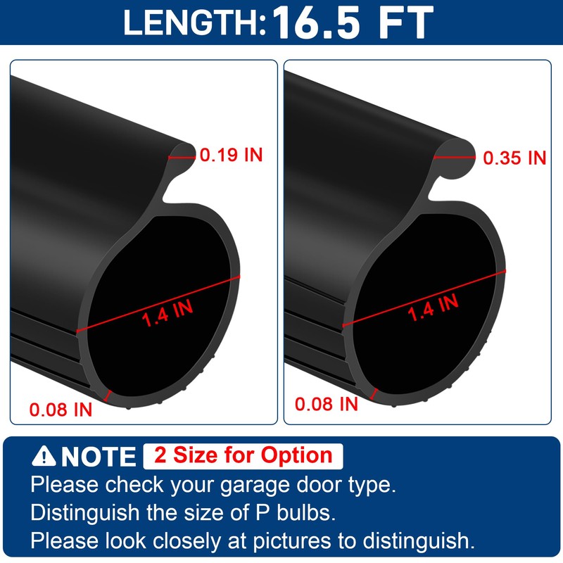 16.5FT Garage Door Bottom Seal Rubber 0.35'' Big P Bulb