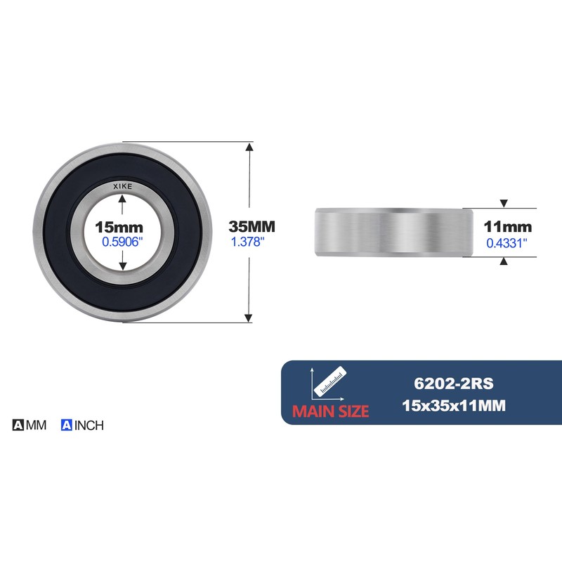XIKE 6202-2RS Ball Bearings 15x35x11mm, Bearing Steel and Double Rubber