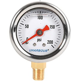 UHARBOUR Glycerin Filled Pressure Gauge with 304 Stainless Steel Case, 1-1/2" Dial Size, 0-200Psi, High Accuracy, 1/8"NPT Center Lower Mount with Single Scale (psi).