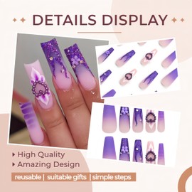 Purple Glitter French Tips Press on Nails Long Gradient Frenchs Fake Nails Heart Pearl Heart Charms Nail Art Flame French Sparkly Nails Press ons 3D Flower Glue on Nails Stick on Nails for Women 24pcs