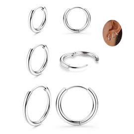 ZELORES 3 Pairs 925 Sterling Silver Hoop Earrings for Women Men Lightweight Small Helix Cartilage Hinged Hoop Earrings 18K White Gold Plated Huggie Hoop Earrings Set 6mm 8mm 10mm 12mm (6/8/10mm-Silver)