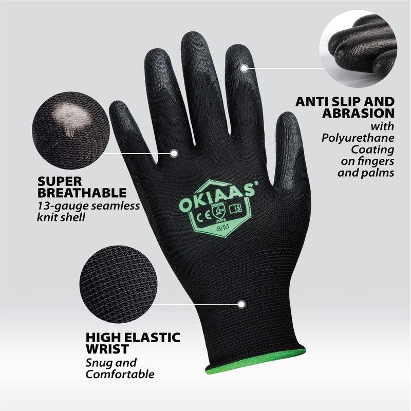 OKIAAS Men's Ultra-Thin and Lightweight Working Gloves with Grip, 12