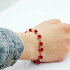 Uloveido Charm Red Flowers Bracelet Accessories for Women, Platinum Plated Exquisite Bracelets Cuff with 12 pcs Red Rose Flowers (Silver Color) Y452