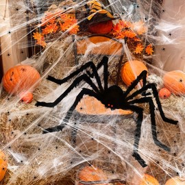 Arañas gigantes halloween， Telaraña de Halloween, Decoración de Tela de Araña de Halloween, Araña grande de 125 cm, telaraña triangular de 5 m, 40 ara