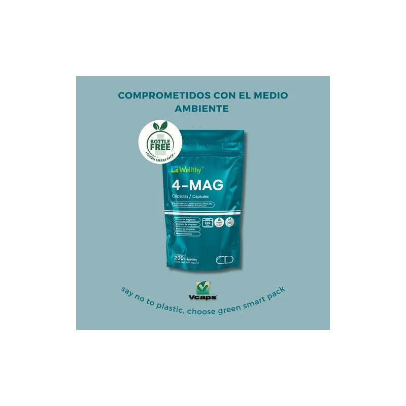 4-mag 200 Cápsulas Wellthy Mezcla De Magnesio, 100 Porciones