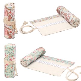 Pack of 2 Rolling Pencil Case Canvas Pencil Wrap, 36 Holes Pens Pencil Case Roll, 20 cm Canvas Pen Roll Roll, Brush Rolls Bag Canvas for Watercolour Pencils, Pencils, multicoloured, crushed flower