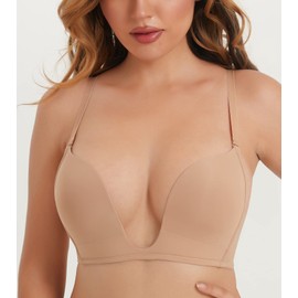 HACI Plunge Deep U Bra for Women Push Up Cleavage Seamless Low Neckline Padded Red Carpet Convertible(32D Beige)