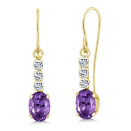 Gem Stone King 10K Yellow Gold Purple Amethyst and White Topaz Drop Dangle Earrings For Women (1.14 Cttw, Gemstone February Birthstone, Oval 6X4MM)