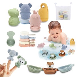 Badewannenspielzeug, 16 Stück Baby Badespielzeug Silikon Wasserspielzeug Kinder mit Spritztiere Fingerpuppen Boote Badelöffeln, Badespielzeug Baby ab 1 Jahr