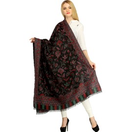 Exotic India Reversible Jamawar Shawl from Amritsar wit - Color Black And Green
