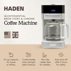 HADEN Quintessential 12 Cup Coffee Maker with120 Minute Keep Warm, Delay Brew, Adjustable Strength, Programmable Clock, and Anti Drip, Ivory/Chrome