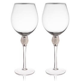 Trinkware Set of 2 Wine Glasses - Rhinestone "DIAMOND" Studded With Silver Rim - Long Stem, 16oz, 10-inches Tall - Elegant Glassware And Stemware