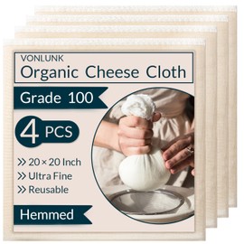 4-Pack Cheesecloth, 20x20 Inch Organic Hemmed Cheese Cloth for Straining, Reusable Unbleached Cotton Strainer for Cooking, Baking, Juicing, and Cheese Making (Grade 100)