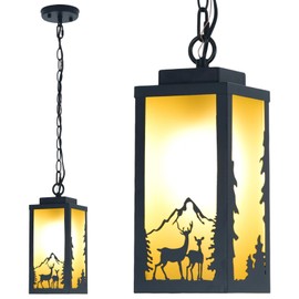SendaLife Outdoor Pendant Lights for Porch, Deer Design Warm Amber Lampshade, 48'' Adjustable Chain, Waterproof 60W E26, Rustic Matte Black Hanging Porch Light, for Front Door, Patio, Balcony, 1Pack