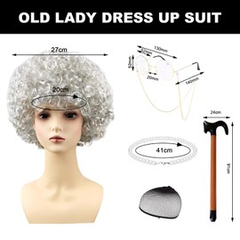 ExcellaElite 6 PCS Granny Costume, Old Lady Fancy Dress,with Granny Wig Hair Net Glasses Glasses Chain Necklace Inflatable Cane for Party Stage Role Play Masquerade