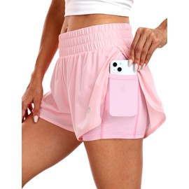 Haimont - Pantalones cortos deportivos de cintura alta 2 en 1 con bolsillos con cordón y forro de compresión de 3 pulgadas, E-light Rosa, XX-Large