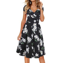 oxiuly Women's V-Neck Casual Summer Dress Floral A Line Party Tea Dresses OX233 (Black White F, m)