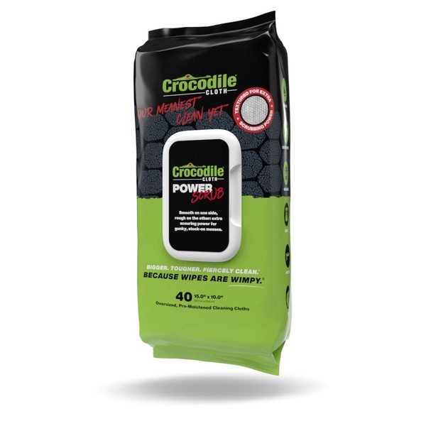 Crocodile Cloth Power Scrub - 40 (15" x 10") Heavy Duty Cleaning Wipes. Safe on Skin & Multiple Surfaces. Infused with Aloe & Vitamin E. Textured, Large, Pre-Moistened & Absorbent.