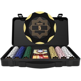 HEITOK Clay Poker Chip Set for Texas Holdem, 300pcs 14g Professional Casino Blackjack Poker Set, Features a high-end Carrying case with Leather Interior Design and German Polycarbonate Shell