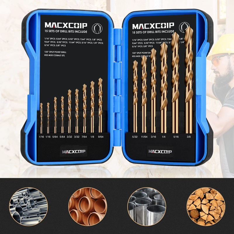 MACXCOIP Cobalt Drill Bit Set, 15Pcs M35 High Speed Steel