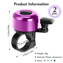 Megecaa 2Pcs Bike Bell, Loud Crisp Clear Sound Bike Bells for Adults and Kids, Mini Bicycle Bell for Mountain Bike Road Bike Right Hand/Left Hand Use (Purple)