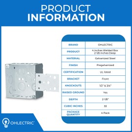 OHLECTRIC 4-Pack 4" Welded Square Electrical Box with Front Bracket | 1/2 & 3/4-Inch Knockouts | 2-1/8" Deep Junction Box, Made of Galvanized Steel | Ideal for Lighting Fixture, Switches & Receptacles