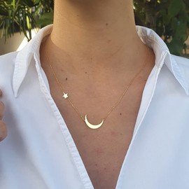 Tasiso Dainty Sideways Moon Star Necklace for Women 14K Gold Plated Crescent Moon Necklace with Star Delicate Simple Charm Necklace Minimalist Everyday Gold Jewelry Gifts