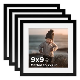 KINLINK 9x9 Picture Frame Black Set of 4, Wooden Square Photo Frames Matted 7x7 with Plexiglass for 7x7 with Mat or 9x9 without Mat for Table and Wall Display
