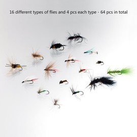 BASSDASH Fly Fishing Assorted Flies Kit, Pack of 64 pcs Fly Lure Including Dry Flies, Wet Flies, Nymphs, Streamers, Terrestrials and More, with Double-Side Waterproof Fly Box