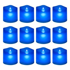 Windshell Blue Flickering Flame Electric Votive Candles (1.6" D x 1.5" H), 6H Timer/Curved Edge Design, Battery Operated LED Flameless Tea Lights, Pack of 12