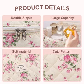 GISMTR 3Pcs Cotton Quilted Makeup Bag Large Travel Cosmetic Bag Coquette Makeup Pouch Cute Aesthetic Floral Toiletry Bag for Women Girls (flower-M)