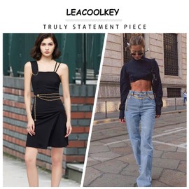 LEACOOLKEY Women's PU Leather Chains Waist Belt, Metal Layers Thin Dress Belt Cinch Fashion Golden Waist Belt Belly Band, A-gold