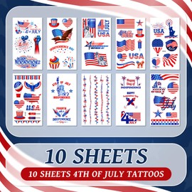EMOME 4th of July Decorations, 10 Sheets Independence Day Face Tattoos Temporary, Red White and Blue American Flag for Party Supplies, 4th of July Accessories Patriotic Stickers for Women & Kids
