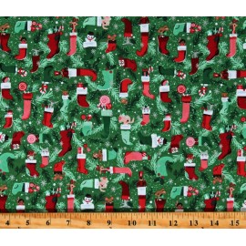 Riley Blake Cotton Christmas Twas Stockings Were Hung Green Sparkle Fabric Print BTY D403.40