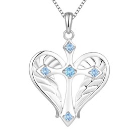 STARCHENIE Cross Necklace 925 Sterling Silver Heart Angel Wings Pendant Necklace for Women March Aquamarine