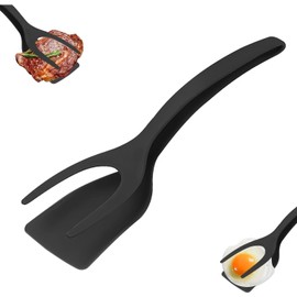 2 in 1 Grip and Flip Spatula Tongs, Egg Flipper Tong, Non-Stick Egg Turners, Pancake Fish French Toast Omelet Making Home Kitchen Cooking Tools (Black 1pcs)